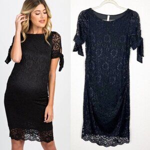 Pinkblush Maternity Black Lace Overlay Sleeve Tie Fitted Maternity Dress Small